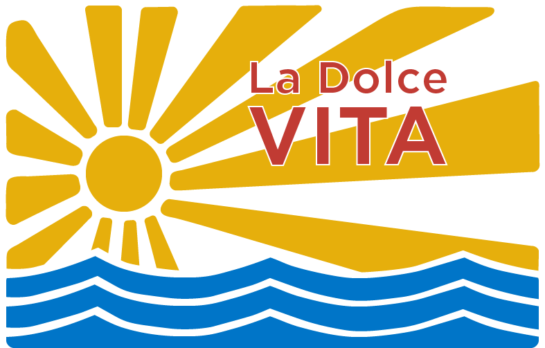 Vector image of vibrant sun and water that says la dolce vita in bold text